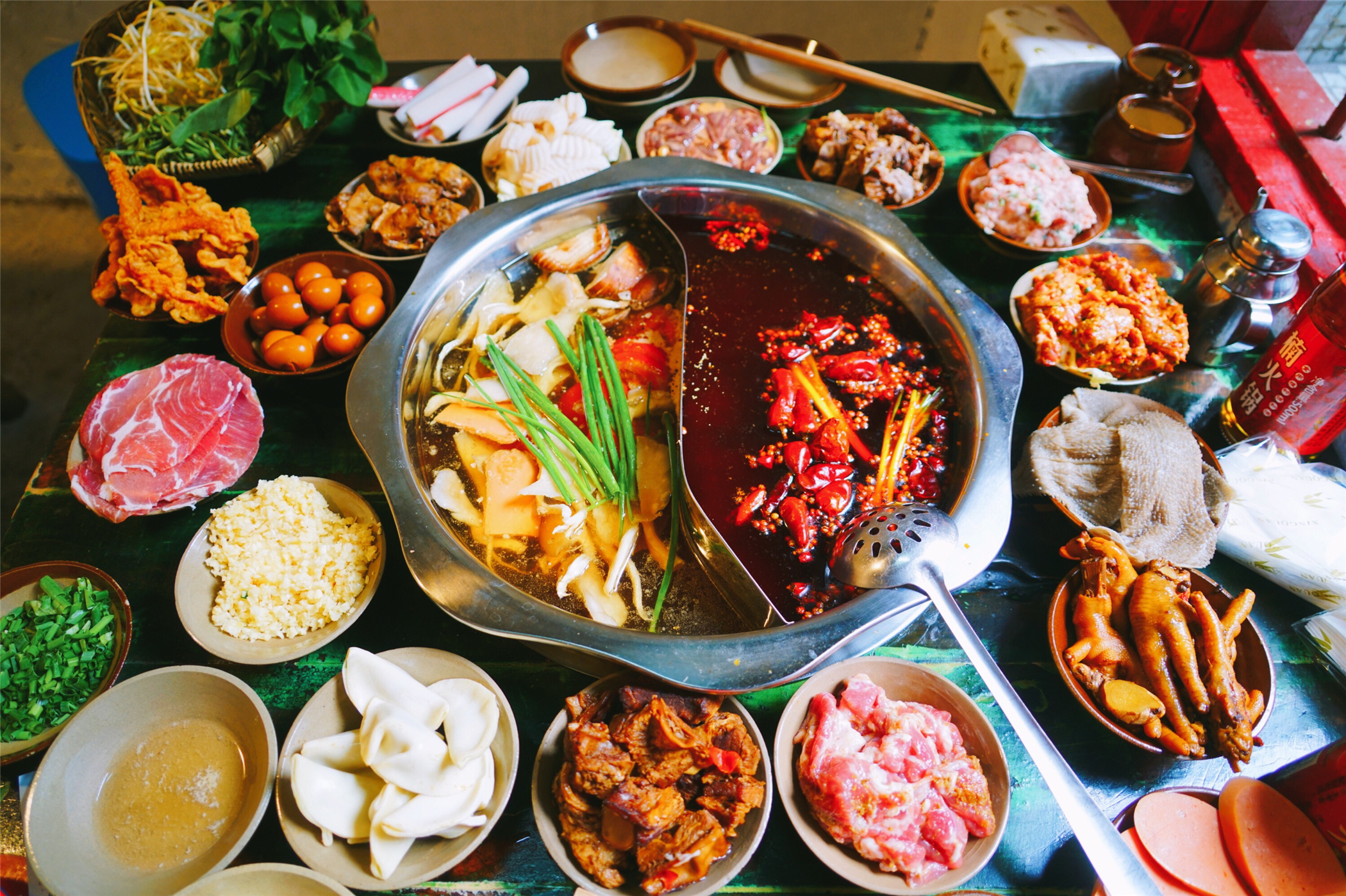 Chongqing hotpot with bubbling chilies and peppercorns