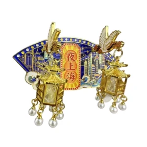 Glowing Metal 'Night Shanghai' Lantern Fridge Magnet – LED-Lit Vintage Lantern Design, Capturing Shanghai’s Enchanting Evening Skyline as a Travel Souvenir