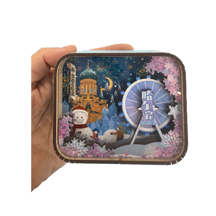 Harbin Ice & Snow World & Sophia Cathedral 3D Music Box – Enchanting Snowman Ferris Wheel Musical Souvenir with Melodic Tunes, Featuring Iconic Landmarks & Glittering LED Lights